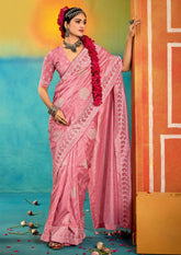 Baby Pink Velvet Tussar Silk Printed Saree